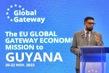President Irfaan Ali addressing the European Union Global Gateway Economic Mission (Office of the President photo)
