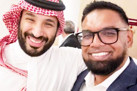 President Irfaan Ali right with Saudi Arabian Crown Prince Mohammed bin Salman (Office of the President photo)