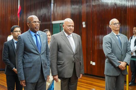 In photo, the High Commissioner-designate, Purmanund Jhugroo (second from left) about to present his credentials to President Irfaan Ali. (Office of the President photo)