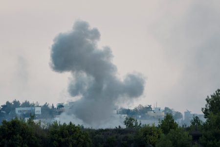 Smoke rises after Israeli shelling , as seen from Lebanese side, near the border with Israel, in Alma Al-Shaab, southern Lebanon, October 13, 2023. REUTERS/Thaier Al-Sudani