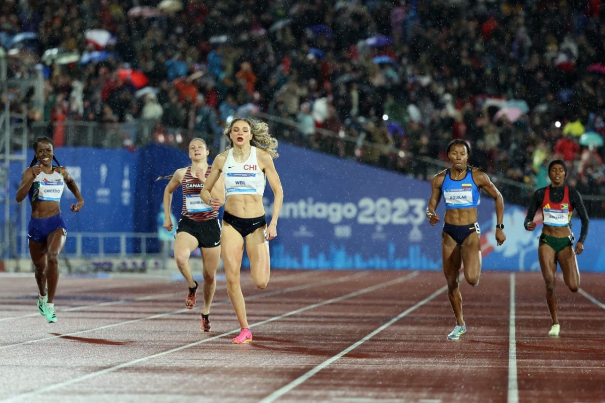  Aliyah Abrams (far right) hopes of earning a medal at this year’s ongoing Pan American Games in Chile faded on the homestretch as she finished fifth in the final of the 400m last night at the Julio Martinez National Stadium.