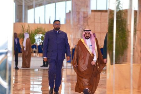 President Irfaan Ali (left) after his arrival. (Office of the President photo)