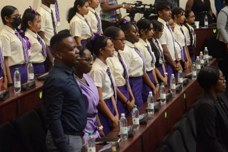Schoolchildren were among those in Parliament for yesterday’s debate on a motion rejecting a controversial Venezuelan referendum set for December 3rd. (Department of Public Information photo)
