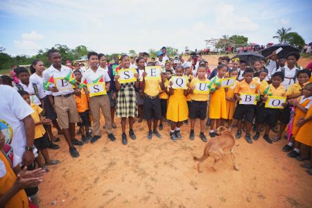 These schoolchildren spelt out the fact that Essequibo belongs to Guyana during President Irfaan Ali’s trip to the northwest on Thursday. The President visited Mabaruma, Port Kaituma, Baramita, Kaikan and Arau. (Office of the President photo)