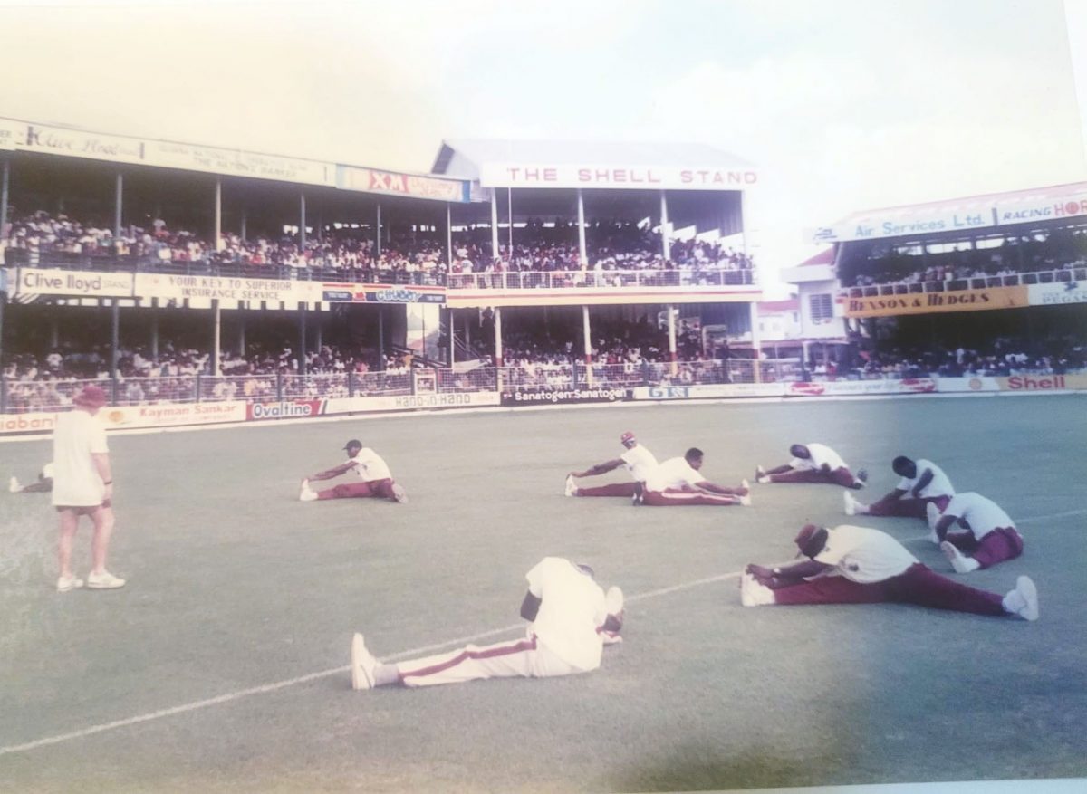 The Waight way: Dennis Waight (standing, left) overlooking the West Indies team during
their pre-match stretching routine at Bourda, 18th March, 1995 5th ODI West Indies vs Australia