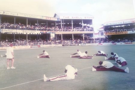 The Waight way: Dennis Waight (standing, left) overlooking the West Indies team during
their pre-match stretching routine at Bourda, 18th March, 1995 5th ODI West Indies vs Australia