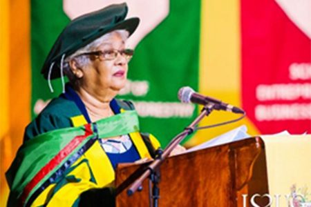 Bernadette Indira Persaud, AA responds after being
conferred with an Honorary Doctorate for Excellence in
Arts from the University of Guyana, November 11, 2023
(Photo credit: University of Guyana)