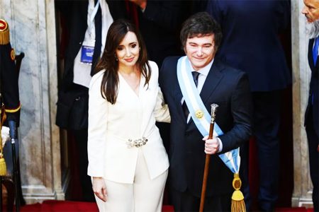 Argentina’s new Vice President Victoria Villarruel and Argentina’s President Javier Milei embrace during their swearing-in ceremony at the National Congress, in Buenos Aires, Argentina December 10, 2023. (Reuters photo)