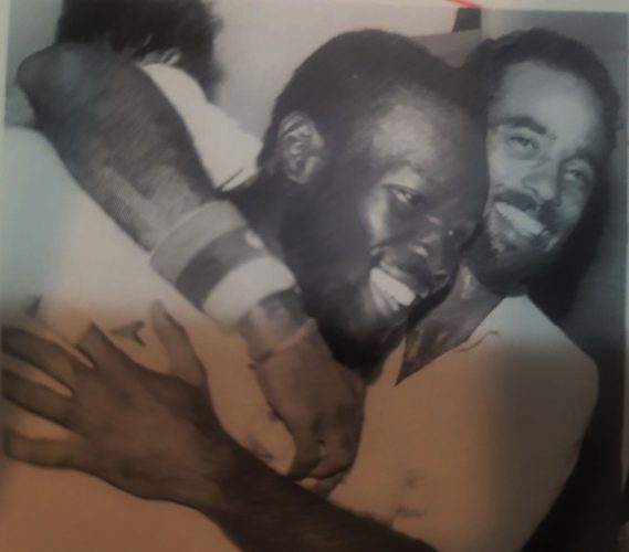 Match winners Winston Benjamin and Jeff Dujon embrace after their epic, unbroken, 61-run, ninth wicket partnership (Source 1988 Benson & Hedges West Indies Cricket Annual)
