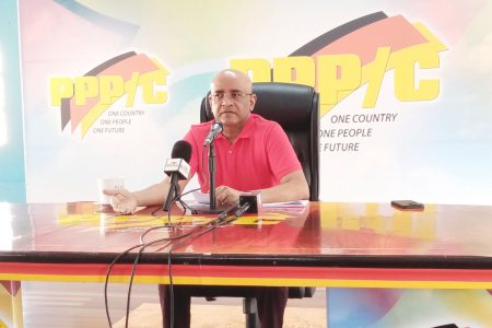 PPP General Secretary Bharrat Jagdeo yesterday during a year-end press conference at Freedom House 