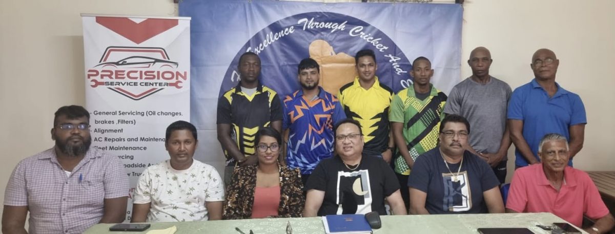 Representatives of some of the participating teams (standing) pose for a photo with sponsors and DCB/GCB President Bissoondyal Singh (centre sitting) at a recent launch of the tournament