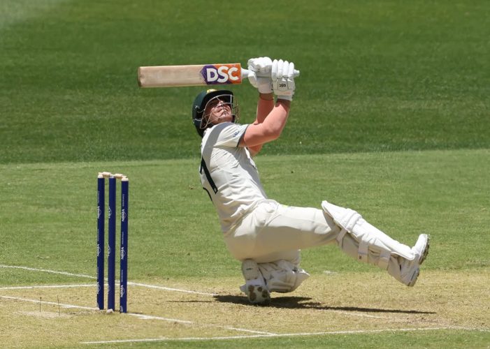 David Warner dispatches the ball for six over the long leg boundary enroute to his 164