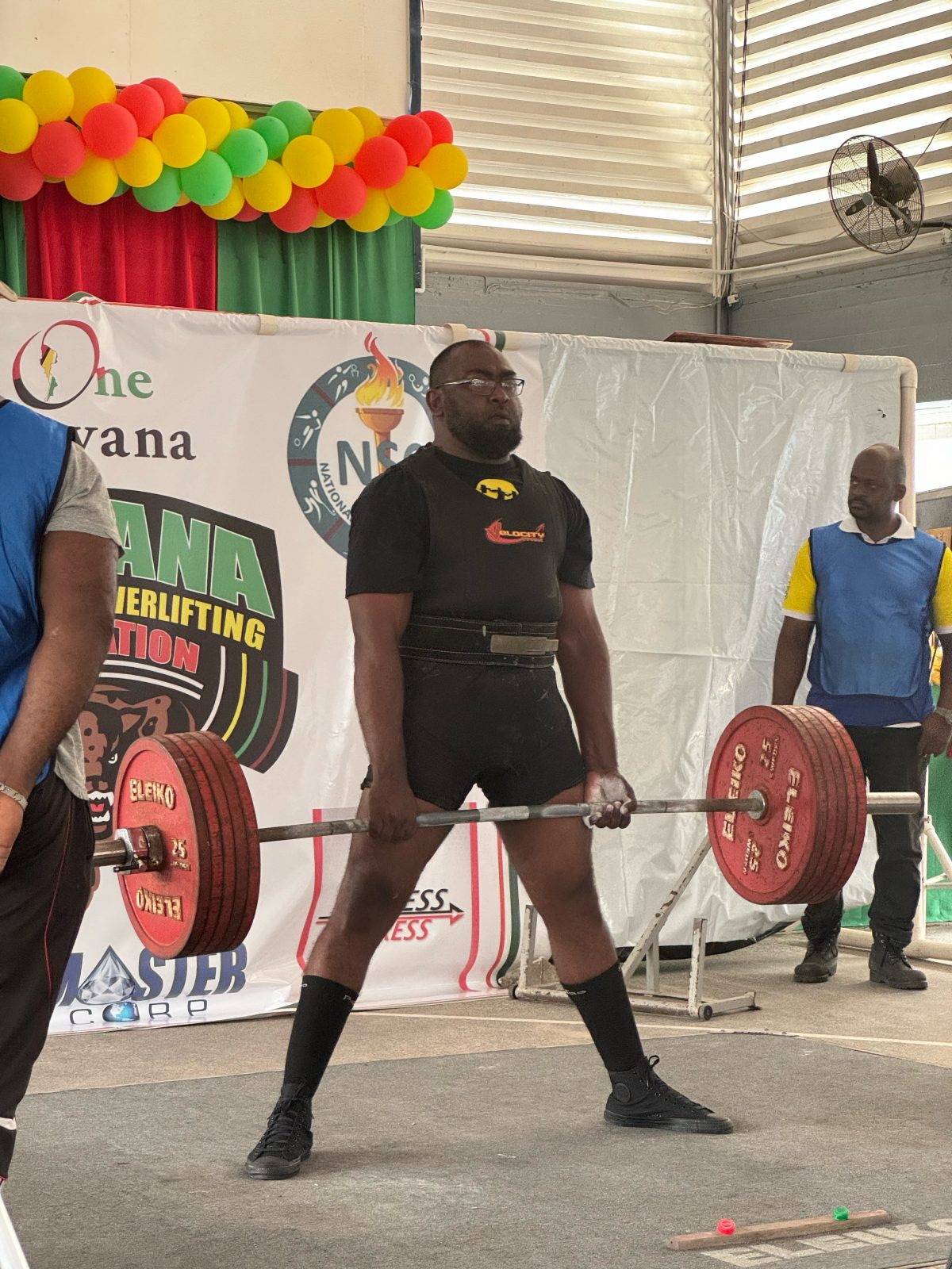 Fazim Abdool, lifting in the men’s 120kg class, broke the open and masters’ deadlift national records after pulling a mammoth 296kg (652 lbs) off the platform. His squat of 310kg (682 lbs) and bench press of 210kg (462 lbs) and subsequent total of 816kg (1795 lbs) enabled him to be rewarded with the coveted Best Lifter trophy yesterday. (Emmerson Campbell photo)