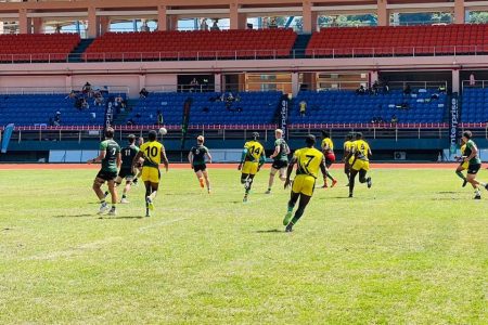 Scenes from a Grenada 7s game involving the ‘Guyana Jaguars’ at the Kirani James Athletic Stadium in St. George’s.
