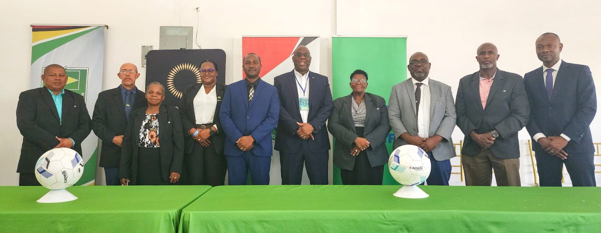 The newly elected GFF Executive Committee is composed of Ryan Farias, Alden Marslow, Denise Lovell, Andrea Johnson, Wayne Forde, Magzene Stewart, Rawlston Adams, Bruce Lovell, and Dion Inniss. Also in the photo is Head of One Concacaf and Caribbean Projects, Howard McIntosh (centre).
