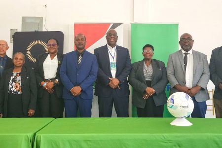 The newly elected GFF Executive Committee is composed of Ryan Farias, Alden Marslow, Denise Lovell, Andrea Johnson, Wayne Forde, Magzene Stewart, Rawlston Adams, Bruce Lovell, and Dion Inniss. Also in the photo is Head of One Concacaf and Caribbean Projects, Howard McIntosh (centre).
