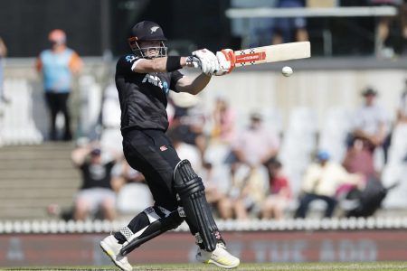 Henry Nicholas pulls during his top score of 95 in the successful chase for New Zealand