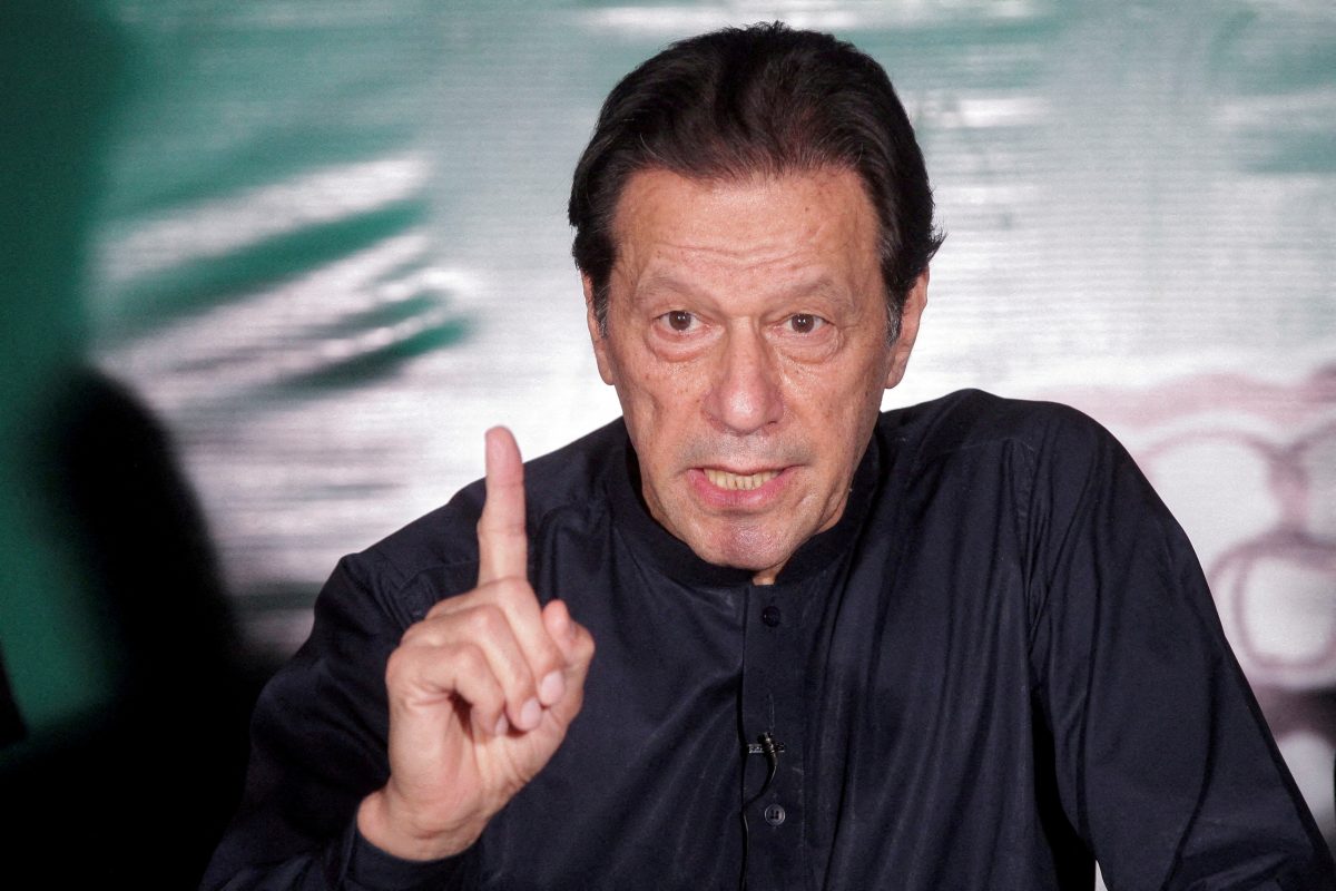 FILE PHOTO: Pakistan's former Prime Minister Imran Khan gestures as he speaks to the members of the media at his residence in Lahore, Pakistan May 18, 2023. REUTERS/Mohsin Raza/File Photo