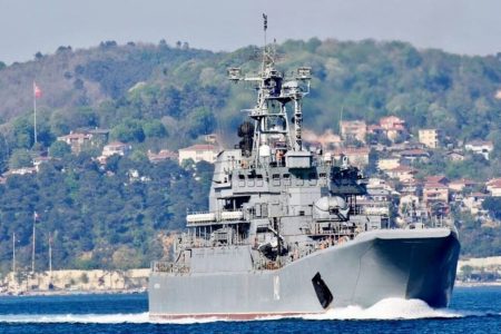 he Russian Navy's large landing ship Novocherkassk sets sail in the Bosphorus, on its way to the Mediterranean Sea, in Istanbul, Turkey May 5, 2021. REUTERS/Yoruk Isik/File photo