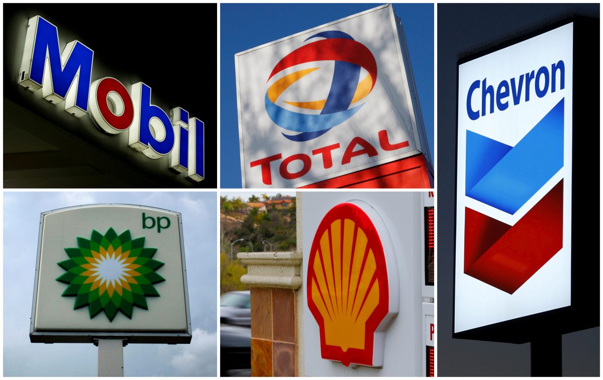 FILE PHOTO: A combination of file photos shows the logos of five of the largest publicly traded oil companies; BP, Chevron, Exxon Mobil, Royal Dutch Shell, and Total.  REUTERS/File Photo