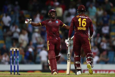 Matthew Forde (left) celebrates as Romario Shepherd sealed the series win after 25 years for the West Indies with a boundary (Photo compliments of ESPN Cricinfo)
