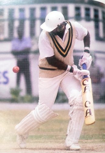  Javed Miandad plays on to Patrick Patterson after his marathon 114 in the First Test at Bourda (Source: 1988 Benson & Hedges West Indies Cricket Annual)
