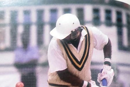  Javed Miandad plays on to Patrick Patterson after his marathon 114 in the First Test at Bourda (Source: 1988 Benson & Hedges West Indies Cricket Annual)
