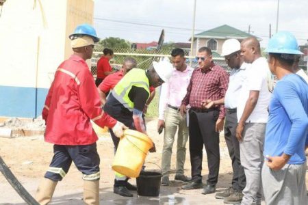 Minister Collin Croal (fourth, right) during the inspection along the East Bank 