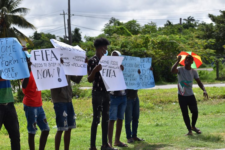 A scene from the protest
outside the headquarters of the GFF by supporters of the four aggrieved entities