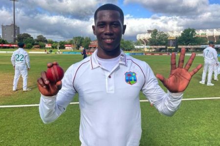 Fast bowler Shamar Joseph celebrates his five-wicket haul against South Africa.