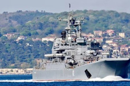 The Russian Navy’s large landing ship Novocherkassk sets sail in the Bosphorus, on its way to the Mediterranean Sea, in Istanbul, Turkey May 5, 2021. (Reuters photo)