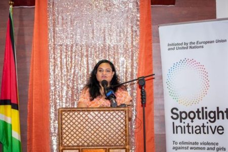 Minister of Human Services and Social Security, Dr Vindhya Persaud addressing the closing reception of the Spotlight Initiative on Wednesday evening, at the Herdmanston Lodge. (DPI photo)