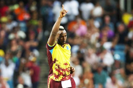 West Indies fast medium Andre Russell
celebrates a wicket during the series. 