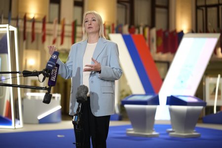 Yekaterina Duntsova speaks to journalists after submitting her documents as a presidential candidate for the  upcoming presidential election to Russia's Central Election Committee, in Moscow, Russia, Wednesday, Dec. 20, 2023. Duntsova is a journalist-turned-grassroots campaigner and local legislator. She secured a nomination from a group of more than 500 supporters as required by Russian electoral law from those not running on a party ticket. Delegates from Russia’s ruling party unanimously backed President Vladimir Putin’s bid for reelection at a party conference in Moscow on Sunday. (AP Photo/Alexander Zemlianichenko)