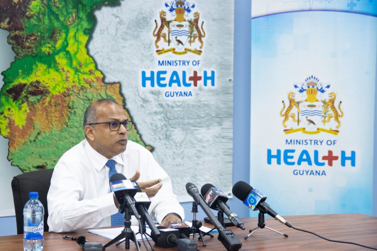 Minister of Health Dr Frank Anthony speaking at the press conference yesterday. (Ministry of Health photo)
