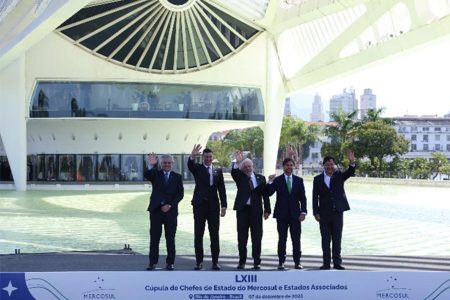 Argentina's President Alberto Fernandez, Paraguay's President Santiago Pena, Brazil's President Luiz Inacio Lula da Silva, Uruguay's President Luis Lacalle Pou, and Bolivia's President Luis Arce, pose for an official photo during the 63rd Summit of Heads of State of MERCOSUR and Associated States, at the Museu do Amanha (Museum of Tomorrow)
