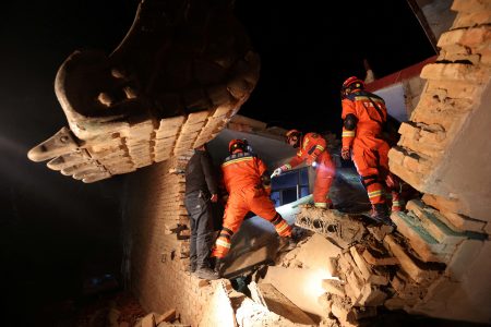 Rescue workers conduct search and rescue operations at Kangdiao village following the earthquake in Jishishan county, Gansu province, China December 19, 2023. China Daily via REUTERS