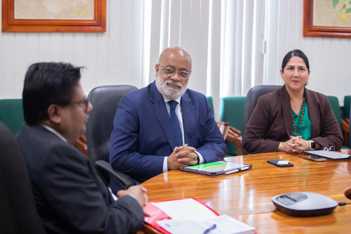 Finance Minister Dr Ashni Singh (left) meeting on Friday with  new Inter-American Development Bank’s (IDB’s) General Manager for the Caribbean Country Department (CCB), Anton Edmunds (second from left) and the IDB’s Resident Representative for Guyana,  Lorena Solórzano-Salazar at the Ministry of Finance. (Ministry of Finance photo)