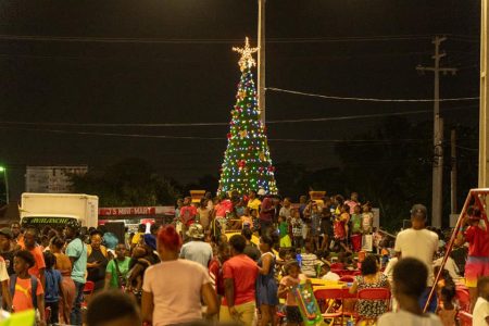  Prime Minister Mark Phillips joined residents of Castello Housing Scheme, Albouystown, and surrounding areas on Thursday for the Independence Boulevard Christmas Tree Light Up. Presents were also shared to children. (Office of the Prime Minister photo)
