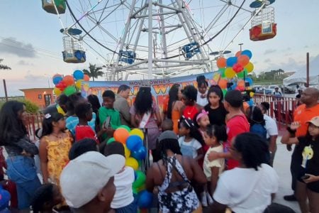 Excited patrons waiting to ride the Ferris wheel 