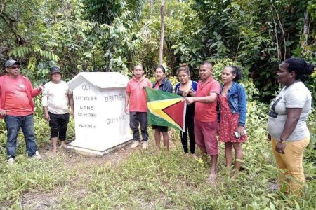 This is Guyana: As patriotic expressions continue across the country, residents of Whitewater Village, in Region One, Essequibo visited the Guyana/Venezuela boundary marker on Friday. (Office of the Prime Minister photo)
