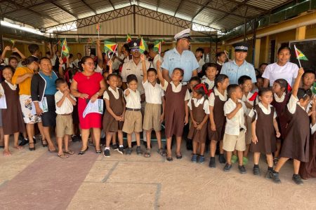 As part of the sensitisation campaign on the Guyana/Venezuela border controversy, Commander for Regional Police Division #9 Senior Superintendent Raphael Rose and ranks of Lethem Police Station visited St. Ignatius Primary School and conducted an awareness session with the children and teachers. (Police photo)