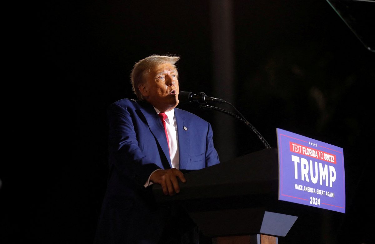 FILE PHOTO: Republican presidential candidate and former U.S. President Donald Trump speaks during a campaign rally at Ted Hendricks Stadium in Hialeah, Florida, U.S. November 8, 2023. REUTERS/Octavio Jones/File Photo