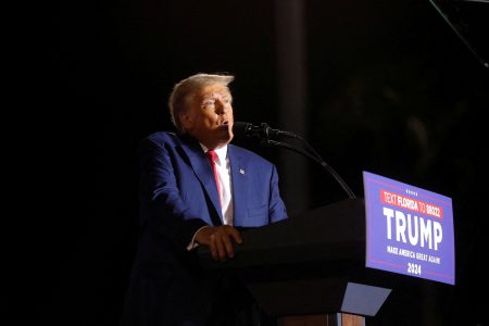 FILE PHOTO: Republican presidential candidate and former U.S. President Donald Trump speaks during a campaign rally at Ted Hendricks Stadium in Hialeah, Florida, U.S. November 8, 2023. REUTERS/Octavio Jones/File Photo