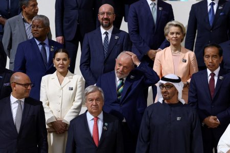 President of the United Arab Emirates Sheikh Mohamed bin Zayed Al Nahyan, Brazil's President Luiz Inacio Lula da Silva, Morocco's Princess Lalla Hasna, European Council President Charles Michel, European Commission President Ursula von der Leyen, United Nations Secretary-General Antonio Guterres, Indonesia's President Joko Widodo pose for a family photo during the United Nations Climate Change Conference (COP28) in Dubai, United Arab Emirates, December 1, 2023. REUTERS/Amr Alfiky