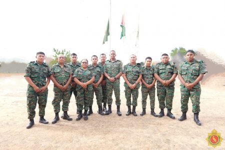 Visiting border troops: The Chief of Staff of the Guyana Defence Force, Brigadier Omar Khan (centre) and his team visited troops on the border yesterday. (GDF photo)
