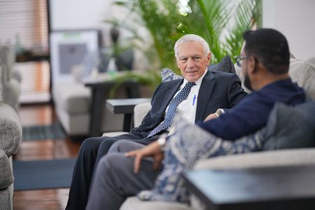 Retired general Wesley Clark in discussion with President Irfaan Ali yesterday (Office of the President photo)
