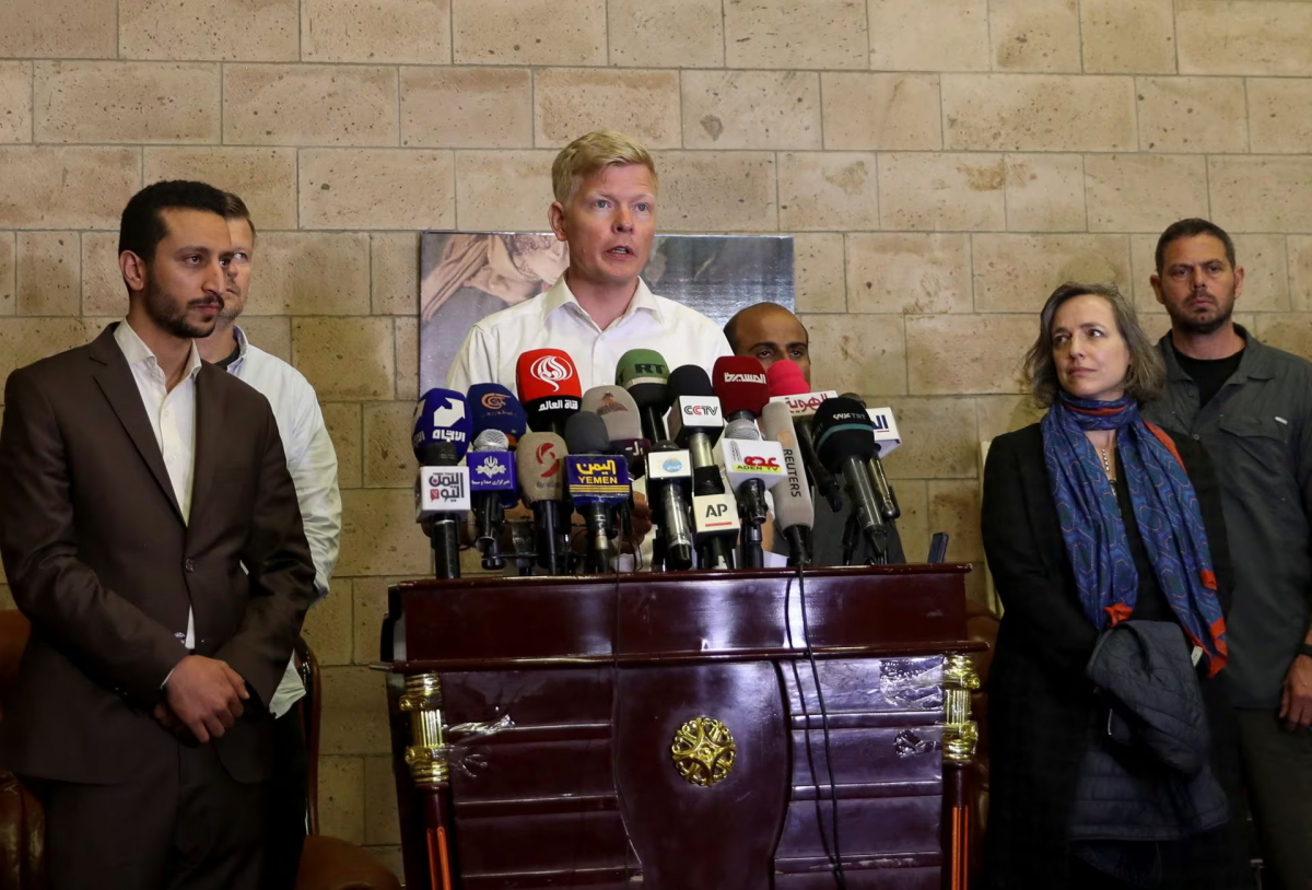 United Nations envoy to Yemen Hans Grundberg speaks to reporters at Sanaa Airport in Sanaa, Yemen May 3, 2023. REUTERS/Khaled Abdullah