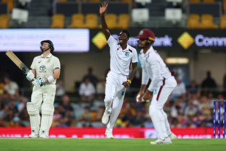 Alzarri Joseph in full celebratory mode after dismissing Usman Khawaja
for 10 as West Indies made inroads early on in the Australian pursuit
