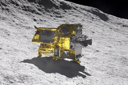 An artist’s illustration of Japan’s Slim spacecraft on the moon’s surface. PHOTO: EPA-EFE
